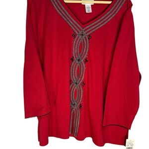 Alfred Dunner Red V Neck Embellished Top three-quarter inch sleeves NWT